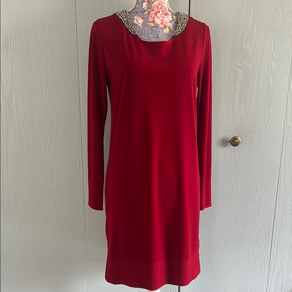 Daisy Fuentes Red Midi Dress with Embellished Neckline